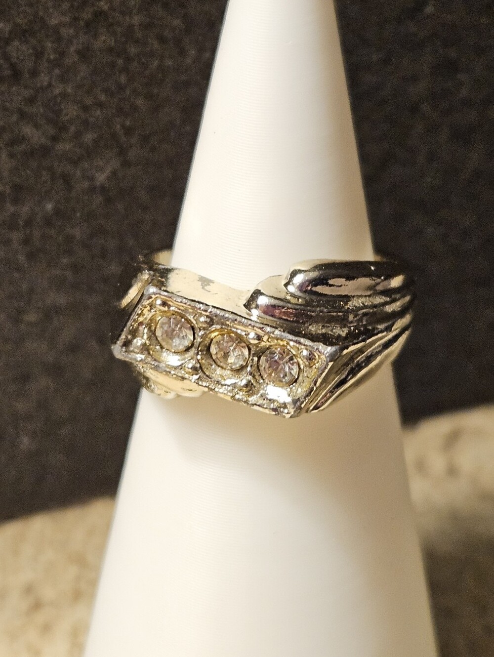 Silver Tone Coated Ring with Three Clear Stones